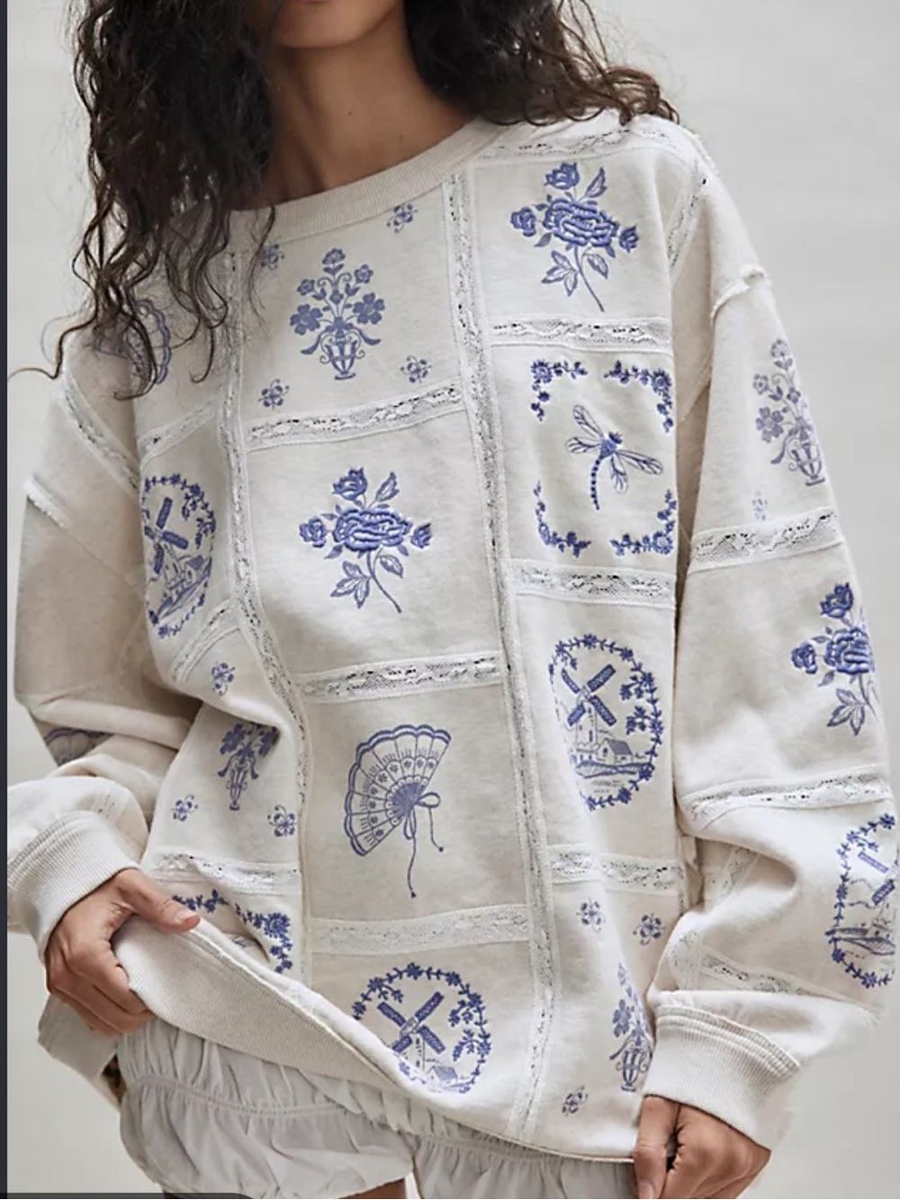 Free People Rudy Lace Embroidered Sweatshirt- Heather Grey